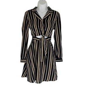 ASTR The Label Women's XS Black Striped Tie-Waist Shirtdress